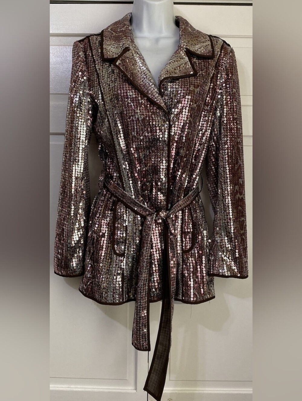 Chicos Sequin Snake Print Jacket Belt Pockets Longline Notch Collar US 10/12